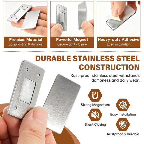 Close-up of Ultra Thin Magnetic Cabinet Catch Set with No Drill Adhesive, demonstrating stainless steel latches and installation.