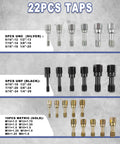 22PCS Taps from 51 Piece Thread Repair Kit With Taps, Dies, Files And Gauges For UNC, UNF And Metric Threads, Pro Grade Set for Auto Use