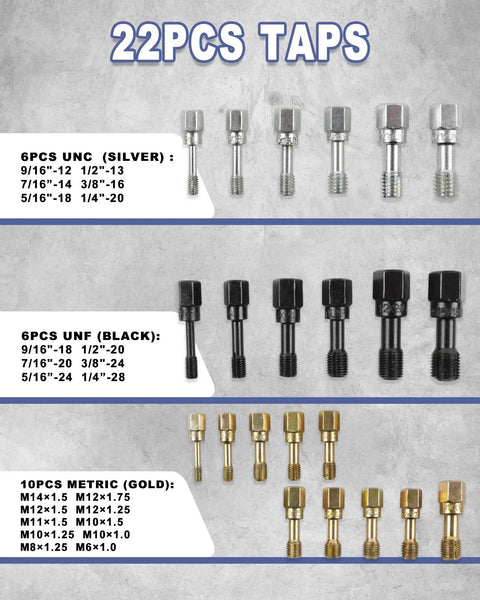 22PCS Taps from 51 Piece Thread Repair Kit With Taps, Dies, Files And Gauges For UNC, UNF And Metric Threads, Pro Grade Set for Auto Use