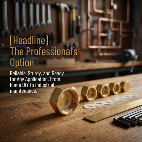 Brass Pipe Caps Six Piece Hex Compression Gas Line Caps With Rubber Gaskets Set on wooden workbench, tools in background