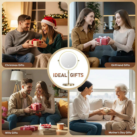 Dual Sided LED Makeup Mirror with 1X/20X Magnification, ideal gift for women, surrounded by holiday gifting scenes.