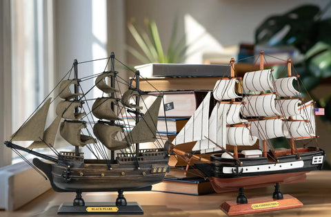 Handcrafted Wooden Model Ships Set Of Two Pirates And Warships Black Pearl And USS Constitution Ready To Display Fully Assembled