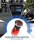 Collage showing 12V Latching Push Button Switch With Waterproof LED Ring Red Light For Car On Off Power Button in various applications