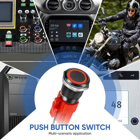 Collage showing 12V Latching Push Button Switch With Waterproof LED Ring Red Light For Car On Off Power Button in various applications