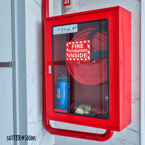 Fire Extinguisher Inside Stickers No Brainer Self Adhesive Weatherproof Vinyl Decals For Indoor And Outdoor Use on cabinet