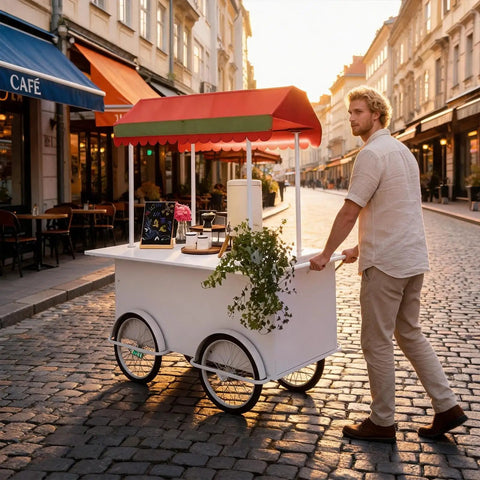 Hustle Made Easy With This Heavy Duty Outdoor Vending Cart, Weatherproof Canopy Design, Smooth Ride Wheels, Huge Prep Counter, And Eye Catching Stage Setup For Your Small Business Side Hustle, being pushed on a cobblestone street.