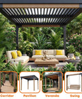 Outdoor pergola with 4 Pack Pergola Bracket Kit Sets, 2-Way L Shaped Corner Brackets For 3.5 By 3.5 Inch Wood Posts, patio setup.