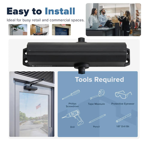FS-7600 HOB Commercial Door Closer With Hold-Open Mechanism, installation guide with tools required, black finish for retail use