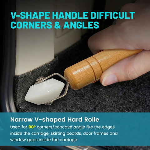 Side view of NuIth 3-in-1 auto car audio sound-deadening roller with wooden handle and white wheel