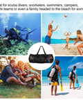 Collage of beach and scuba activities with XL Mesh Dive Bag for Scuba and Snorkel Gear, Heavy Duty Travel Duffle With Waterproof Pocket