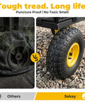 Comparison of tires showing heavy duty steel garden cart with 10 inch rubber tires for yard and farm use on the right