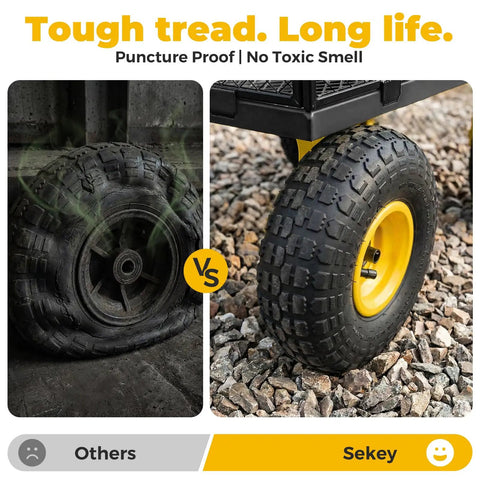 Comparison of tires showing heavy duty steel garden cart with 10 inch rubber tires for yard and farm use on the right
