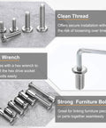 Heavy Duty M6X45MM Hex Drive Socket Cap Bolts With M6 Nuts And M4 Hex Key For Furniture Install and Workshop Builds Zinc Coated Steel Hardware Silver Tone displayed with a hex wrench and clean threads.