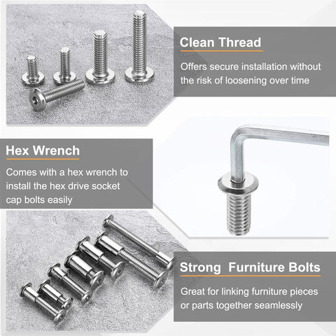 Heavy Duty M6X45MM Hex Drive Socket Cap Bolts With M6 Nuts And M4 Hex Key For Furniture Install and Workshop Builds Zinc Coated Steel Hardware Silver Tone displayed with a hex wrench and clean threads.