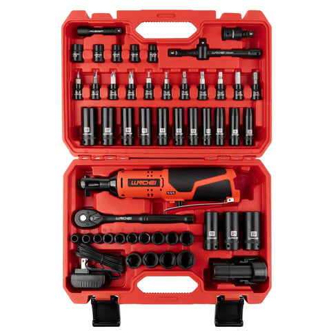 Beefed Up Pro Grade Three Eighths Inch Cordless Electric Ratchet Wrench Kit With Fifty Two Piece Socket Set Including Metric Sockets E Torx Bits Hex Bits Universal Joint Extensions Sliding T Handle And Case For Auto Repair And DIY, open case