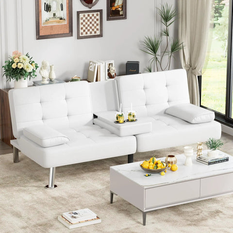 White Leather Look Futon Sofa Bed With Removable Armrests, Comfy Adjustable Recliner Sleeper, Dual Cup Holders And Chrome Legs