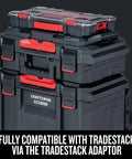 Stacked black and red portable storage boxes with VersaStack 20 Compartment Small Parts Organizer With Removable Dividers, Clear Rugged Polycarbonate Lid, IP54 Dust And Water Resistant, Secure Latch, Easy Carry Handle, Side Latches To Link Up With More Units on top