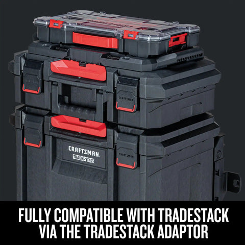 Stacked black and red portable storage boxes with VersaStack 20 Compartment Small Parts Organizer With Removable Dividers, Clear Rugged Polycarbonate Lid, IP54 Dust And Water Resistant, Secure Latch, Easy Carry Handle, Side Latches To Link Up With More Units on top