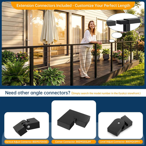 Heavy Duty Matte Black Stainless Steel Cable Railing Handrail Kit With Pom Connectors 12 Foot Guardrail System shown with extension connectors on deck.