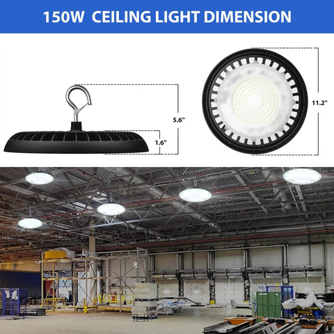 UFO LED High Bay Light 150W 16500 Lumens 5000K Plug In Shop Light With 110 Degree Beam For Garage Ceiling Workshop Barn Warehouse 120V US Hook UL Listed, side view with dimensions and installed in large warehouse space.