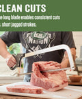 Person using 16 Inch Meat Saw With Tightening Cam, Nickel Plated Frame, Ergonomic Black Handle, Pro Grade Butcher Tool on meat