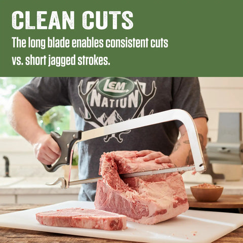Person using 16 Inch Meat Saw With Tightening Cam, Nickel Plated Frame, Ergonomic Black Handle, Pro Grade Butcher Tool on meat