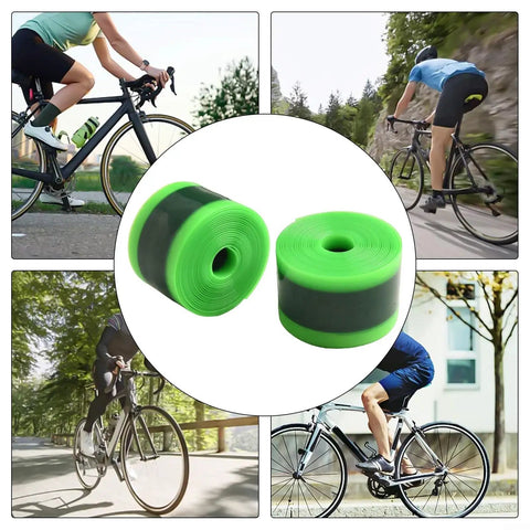 Collage featuring Ride Ready Wear Resistant Bike Tire Liners For 24 26 27.5 29 And 700C Wheels 38mm Wide 1.0mm Thick Puncture Protection Strips