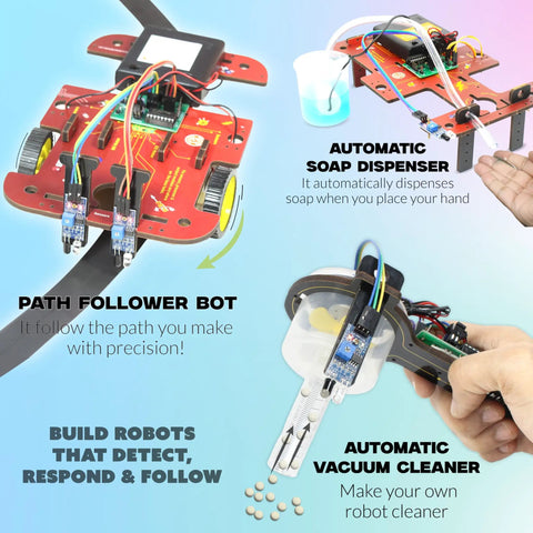 40in1 STEM Robotics Kit For Kids 8 To 12 With 100 Plus Parts And 40 Awesome Projects Build A Door Bell A Fan Controller A Line Following Car A Drawing Robot A Water Dispenser And More For Homeschooling Gift path follower bot and automatic soap dispenser robot projects