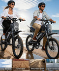 Two adults riding Powerful 2000W Electric Dirt Bike For Adults With 48V 18Ah Battery 110Nm Torque Pedal Assist on a beach.