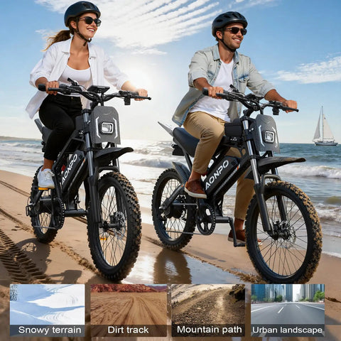Two adults riding Powerful 2000W Electric Dirt Bike For Adults With 48V 18Ah Battery 110Nm Torque Pedal Assist on a beach.