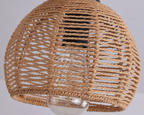 Close-up of Rustic Hemp Rope Flush Mount Light Fixture Basket with woven design and black finish for hallways and kitchens.