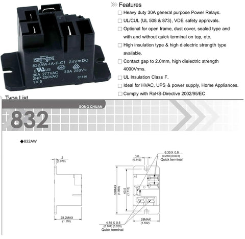 Front view of 832AW-1A-F-C1 24VDC Relay 240VAC General Purpose Relay 30A Pack Of 2 with technical specifications.