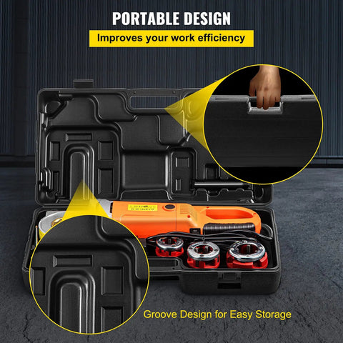 Portable design of VEVOR 2300W Electric Pipe Threader Machine in carry case, showcasing grooves for easy storage.