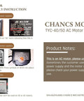 Instruction manual for CHANCS TYC-40/50 AC motor with notes on AC power supplies and compatibility warnings.