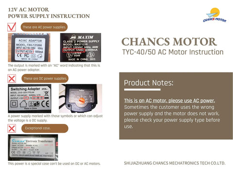 Instruction manual for CHANCS TYC-40/50 AC motor with notes on AC power supplies and compatibility warnings.