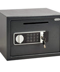 Drop Slot Depository Safe With Front Slot And Electronic Keypad Lock 0.58 Cu Ft Home And Hotel Cash Safe Box, side view with open key slot.