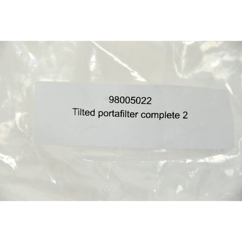 Label reads '98005022 Tilted portafilter complete 2' for Standard Portafilter Complete 2 Spout 98005022, silver finish