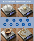 Digital Gram Scale 0.01g Precision Pocket Sized Kitchen Jewelry Scale showing 9 unit features for sugar, butter, coffee, and jewelry.