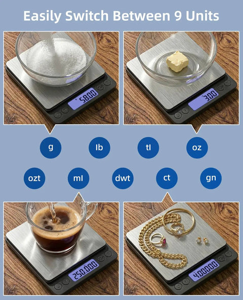 Digital Gram Scale 0.01g Precision Pocket Sized Kitchen Jewelry Scale showing 9 unit features for sugar, butter, coffee, and jewelry.