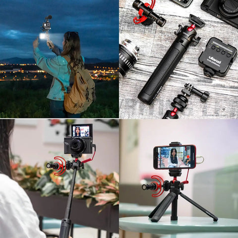 Extendable Mini Camera Tripod With 4 Level Adjustments And 360 Degree Ball Head Cold Shoe Mount in various vlogging setups