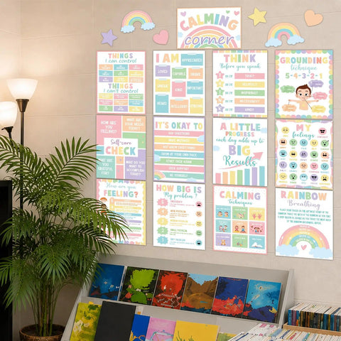 Calm Down Corner Posters for Classrooms Set, 19 Piece Pastel Emotions Poster Pack for Feeling Management, mental health decor on wall.