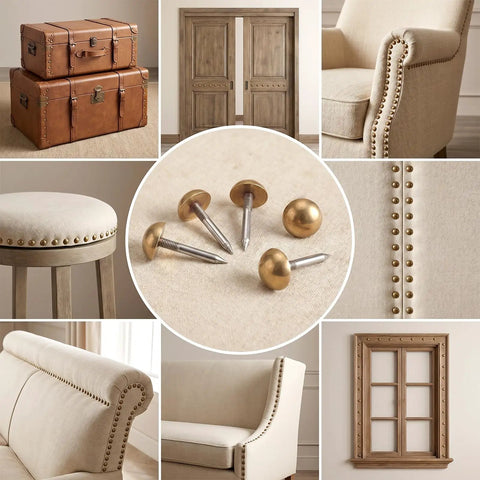 Twenty Piece Pack Of Solid Brass Upholstery Tacks With Top Shelf Hold And A Sweet Vintage Look For Furniture Projects on a neutral background.