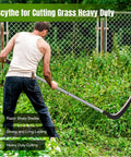 Man using Beast Scythe Tool For Grass Cutting And Weeding Sickle Garden Tool For Clearing Bushes Vines in garden.