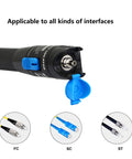Front view of SinLoon Visual Fault Locator in black with blue flip cap; 2.5 mm tip; shows FC/SC/ST fiber optic connectors.