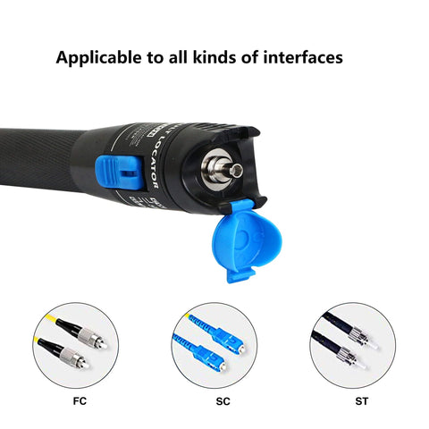 Front view of SinLoon Visual Fault Locator in black with blue flip cap; 2.5 mm tip; shows FC/SC/ST fiber optic connectors.