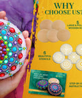Rock Painting Kit With Dotting Tools And Stencils And Acrylic Paints For Easy At Home Relaxing DIY Arts And Crafts Includes 5 Wooden Rocks 6 Mandala Stencils 12 Vibrant Colors And All The Dotting Tools For Adults And Women displayed with colorful mandala painted rock and stencils