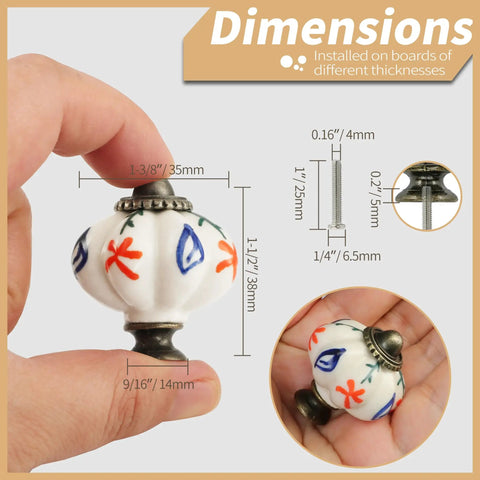 Swanky Vintage Pumpkin Drawer Knobs, Six Piece Ceramic Cabinet Pulls With A Vibrant Red Flower And Branch Print, Killer Antique Furniture Hardware That Makes Any Kitchen Look Absolutely Dope, dimensions shown.