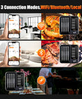 Four Probe WiFi Wireless Meat Thermometer With 360 Degree Readable LCD showing remote monitoring in kitchen and backyard.