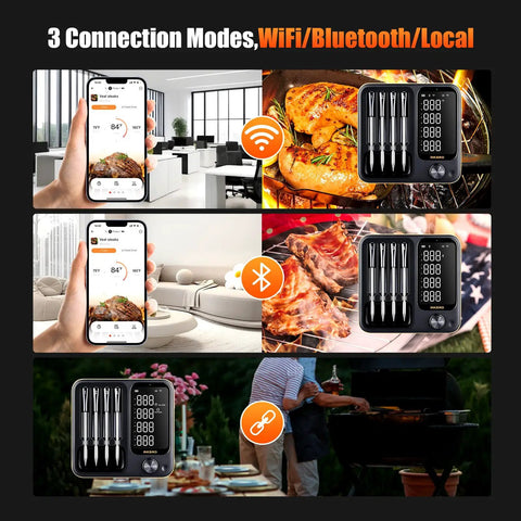 Four Probe WiFi Wireless Meat Thermometer With 360 Degree Readable LCD showing remote monitoring in kitchen and backyard.