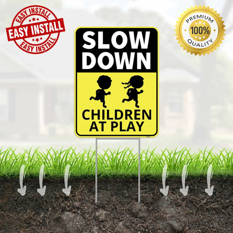 Two Pack Drive Slow Children At Play Safety Signs For Street With Stakes 13 By 17 Inches Double Sided Corrugated Plastic Yard Signs